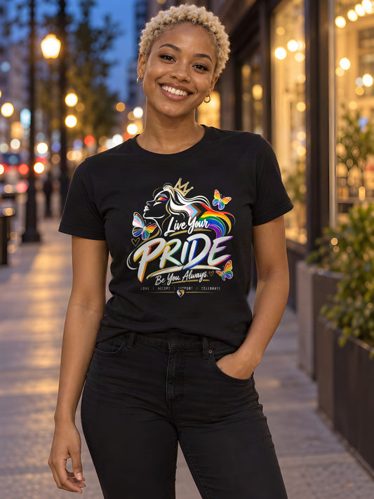 Live Loud, Live Proud worn by a model