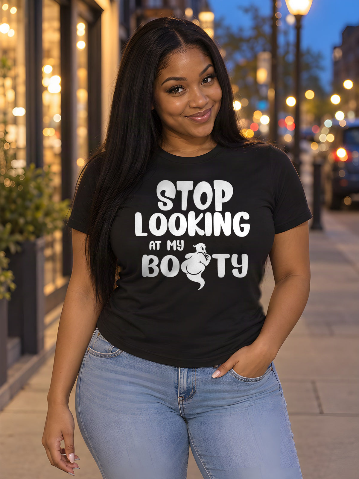 Stop Looking At My Boo-ty worn by a model
