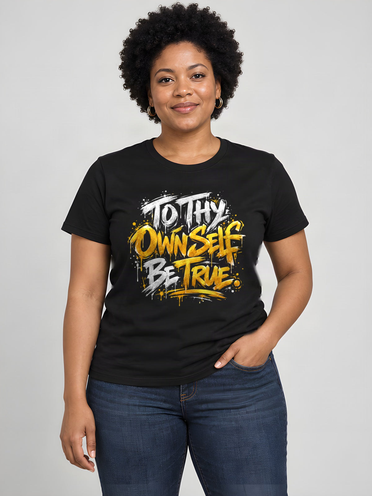 To Thy Own Self Be True worn by a model