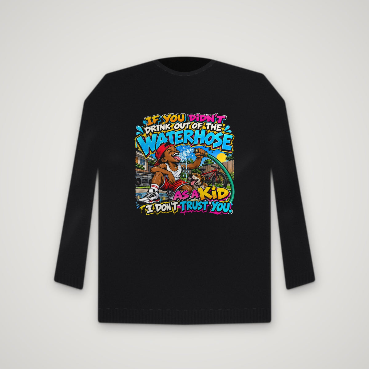 Raised On The Waterhose: Red Shorts – Crewneck – Black